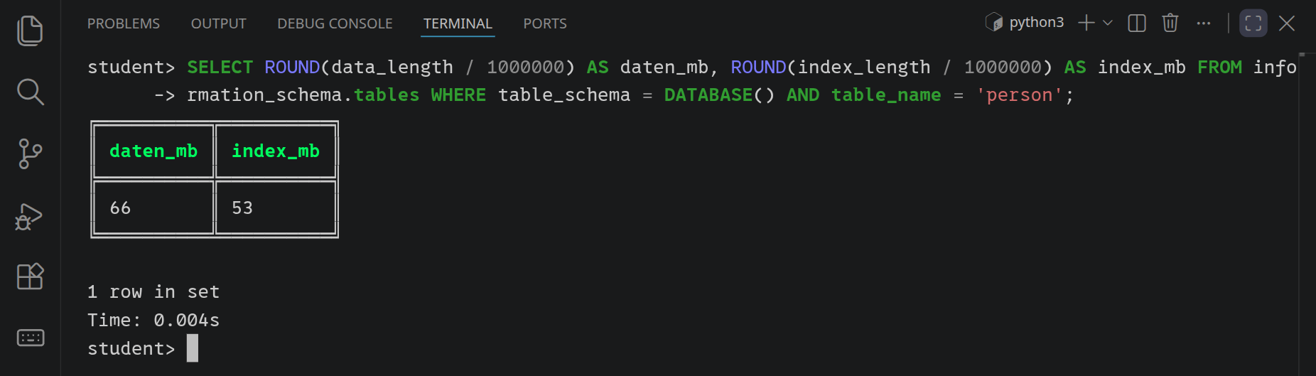Die Tabelle braucht etwa 66 MB, ihre beiden Indizes zusammen etwa 53 MB.
