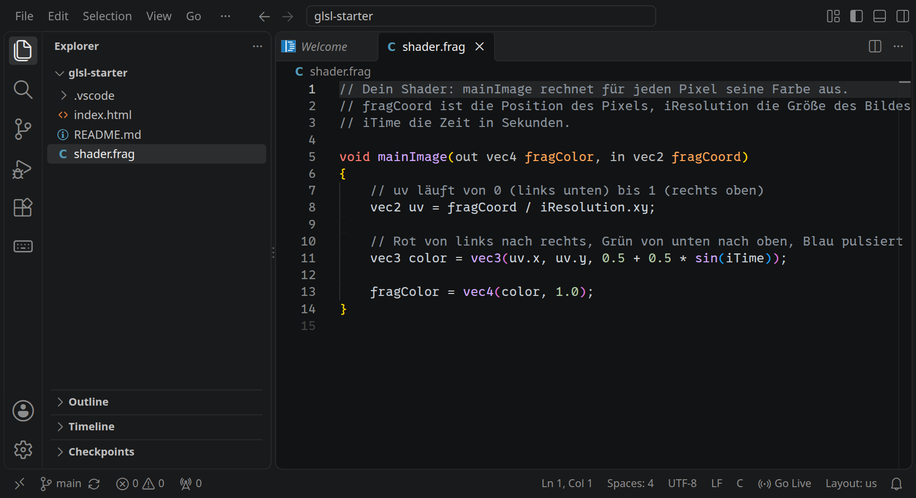 Der Workspace mit dem Ordner glsl-starter: links im Explorer der Ordner .vscode und die Dateien index.html, README.md und shader.frag, rechts ist shader.frag geöffnet, mit der Funktion mainImage.
