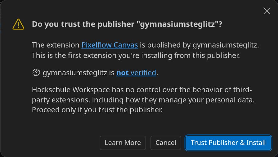 Die Frage »Do you trust the publisher?« mit den Knöpfen »Learn More«, »Cancel« und »Trust Publisher & Install«.