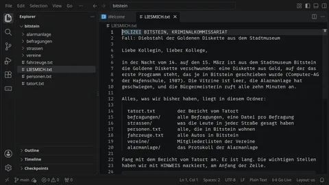 VS Code mit dem Ordner bitstein und dem Brief der Kriminalpolizei über die gestohlene Goldene Diskette