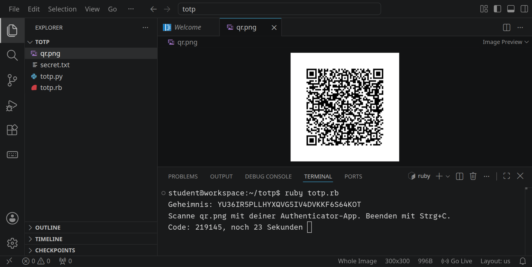 VS Code mit einem QR-Code in qr.png; im Terminal darunter zeigt totp.rb den Schlüssel in Base32 und den aktuellen Code mit den Sekunden, die er noch gilt.