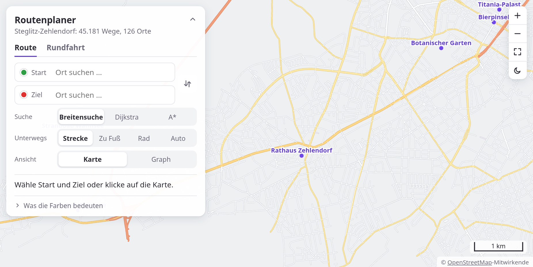 Die Karte von Steglitz-Zehlendorf im Browser, gezeichnet aus den Daten: Hauptstraßen gelb, die Autobahn orange, Wohnstraßen weiß; beschriftet sind Sehenswürdigkeiten wie der Botanische Garten, das Rathaus Zehlendorf und der Bahnhof Wannsee. Links oben die Felder für Start und Ziel, unten rechts der Maßstab.