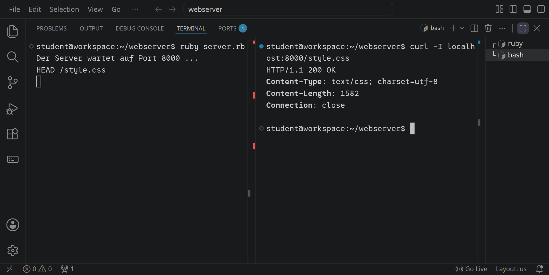 Rechts zeigt curl -I die Header der Antwort auf /style.css: 200 OK, Content-Type text/css und Content-Length; links steht die Anfrage HEAD /style.css.