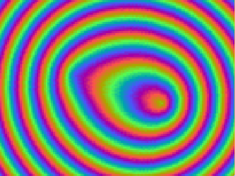 Regenbogenfarbene Ringe um eine Ellipse.