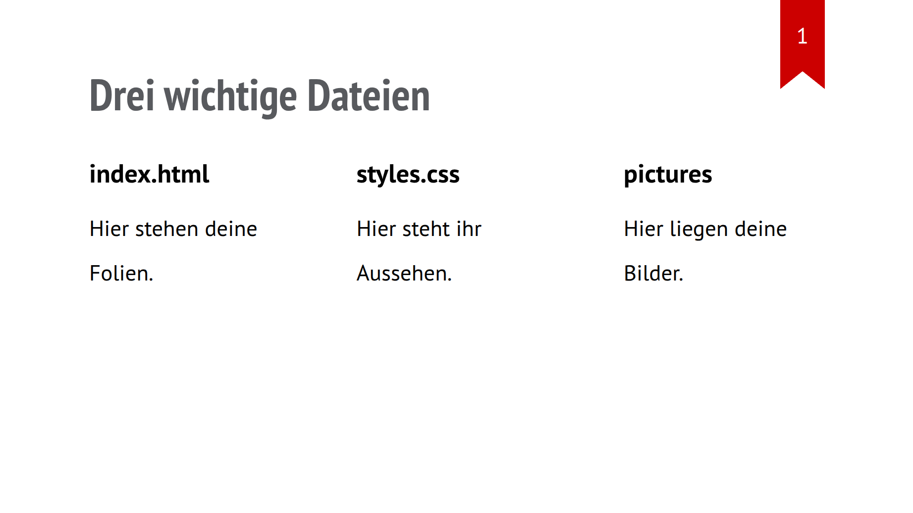 Eine Folie mit drei gleich breiten Spalten für index.html, styles.css und pictures.