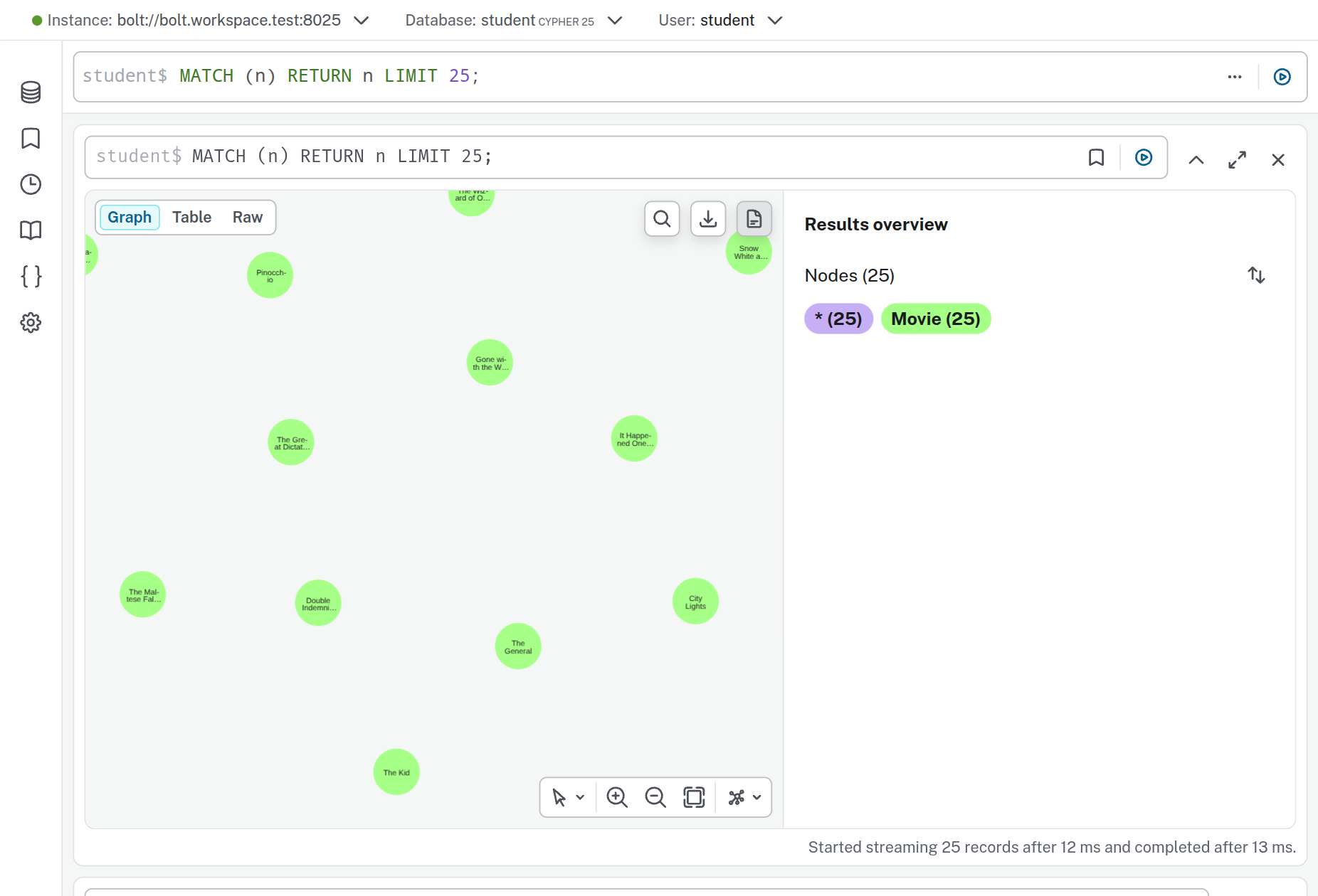 Neo4j Browser: Das Ergebnis von MATCH (n) RETURN n LIMIT 25 als Graph aus Filmknoten.