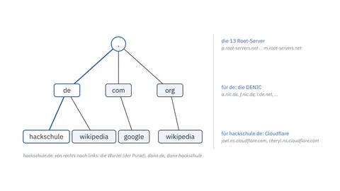 Ein Baum der Domainnamen: die Wurzel, darunter de, com und org, darunter hackschule, wikipedia und google