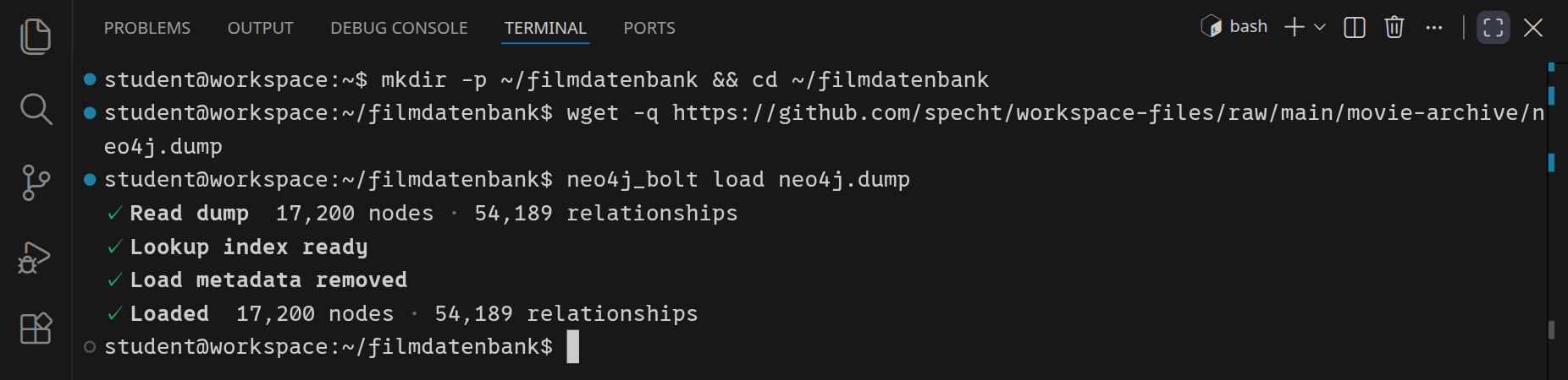 Im Terminal lädt neo4j_bolt die Knoten und Beziehungen aus neo4j.dump.