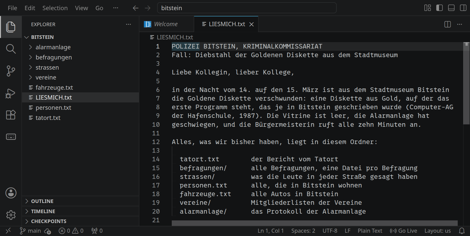 VS Code mit dem Ordner bitstein: links die Akten von alarmanlage bis tatort.txt, rechts der Brief von Kommissarin Weber über den Diebstahl der Goldenen Diskette.