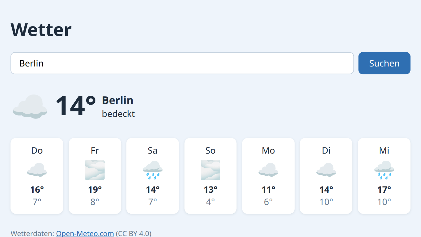 Die Wetterseite für Berlin: das Wetter jetzt mit Symbol und Temperatur und darunter sieben Tageskarten mit Wettersymbol, Höchst- und Tiefsttemperatur.