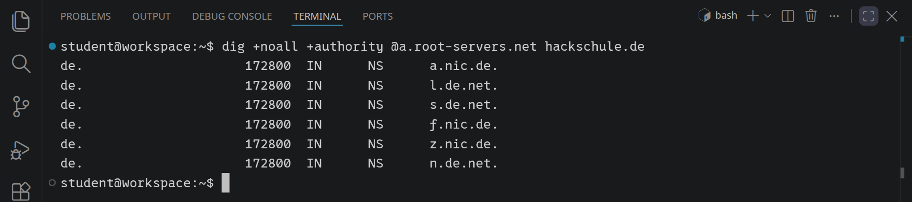 Die Antwort von a.root-servers.net: kein ANSWER SECTION, aber im AUTHORITY SECTION die Nameserver für de, etwa a.nic.de, f.nic.de, l.de.net und s.de.net.