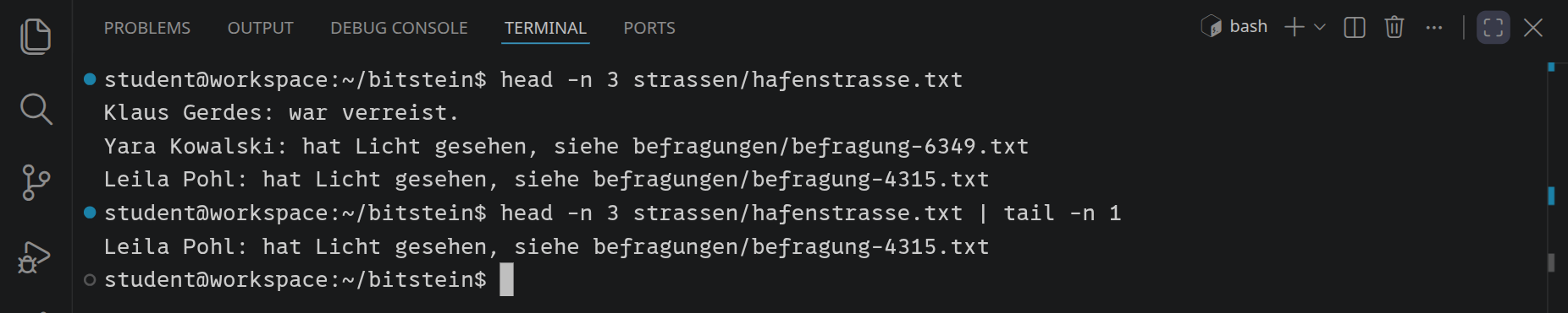 Zuerst die ersten drei Zeilen der Hafenstraße, jede mit einem Namen und dem, was die Person gesagt hat. Darunter nur die dritte Zeile, das Haus mit der Nummer 3.