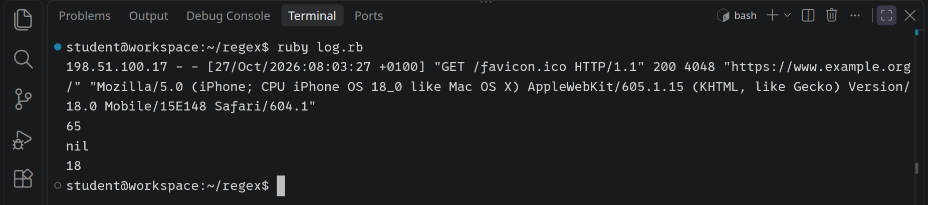 ruby log.rb gibt die Zeile mit /favicon.ico aus, darunter 65, nil und 18.