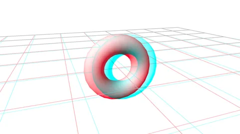 Ein rot-cyan gezeichneter Ring über einem Gitter, zum Ansehen mit einer 3D-Brille