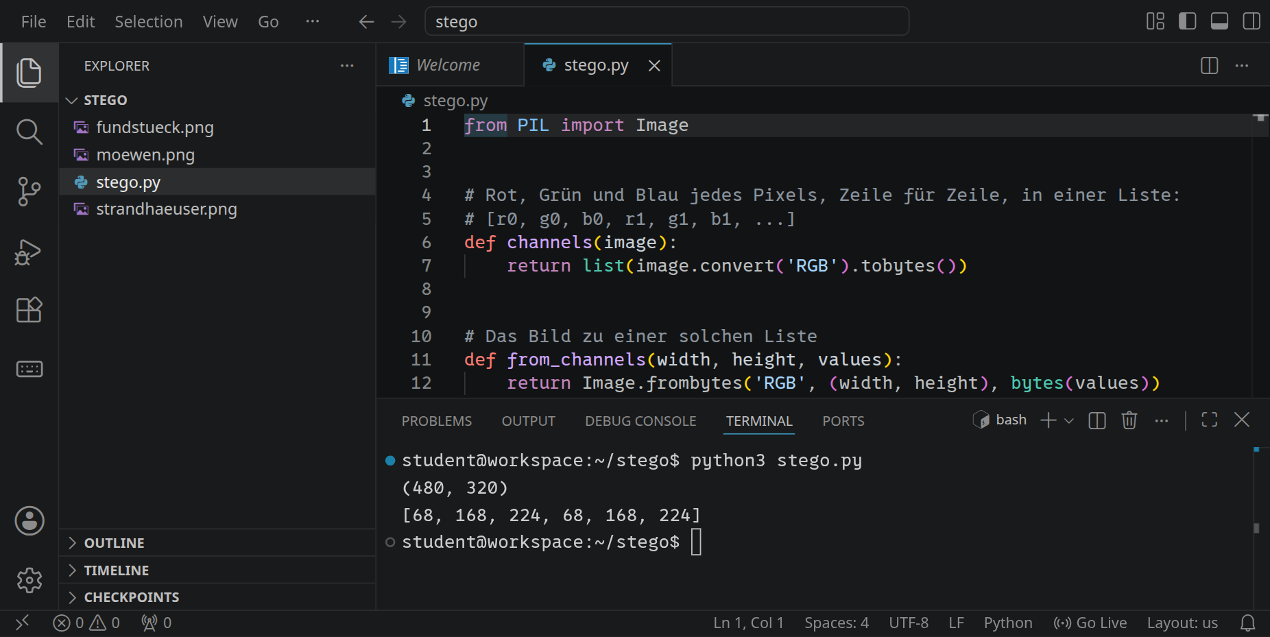 Der Ordner stego mit den drei Bildern und stego.py; im Terminal gibt python3 stego.py die Größe (480, 320) aus und die ersten sechs Zahlen des Bildes.