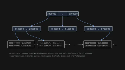Ein B-Baum über Telefonnummern: oben die Wurzel, darunter drei Knoten, unten Blätter, die auf Zeilen der Tabelle zeigen