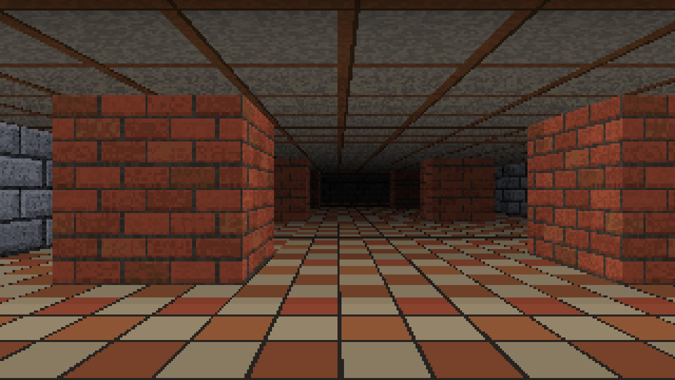 Blick durch die Halle ohne Mipmaps: Die Fugen des Bodens und der Ziegel zerfallen hinten zu unruhigen, gezackten Mustern.