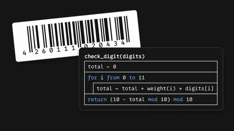 Ein Strichcode mit den Ziffern 4 260111 020434 auf einem weißen Etikett, daneben das Struktogramm der Funktion check_digit mit einer Zählschleife von 0 bis 11.