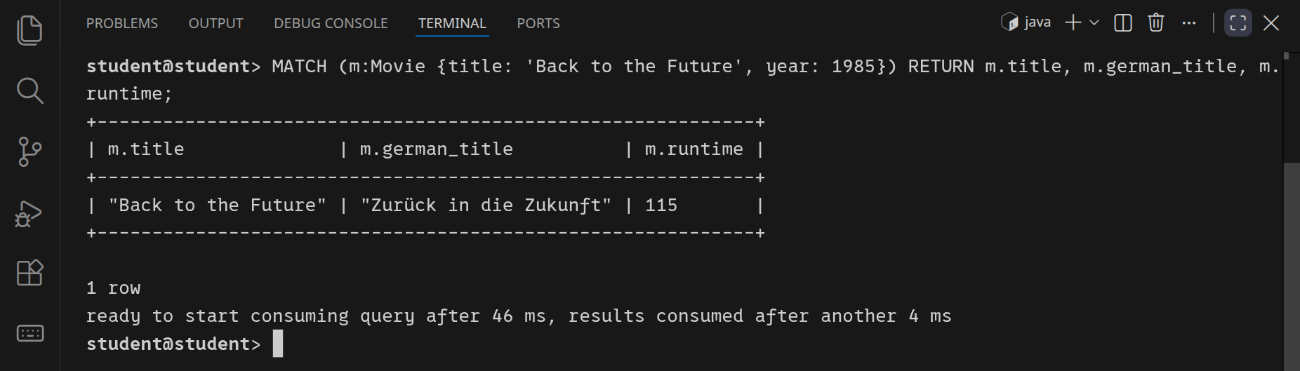 cypher-shell zeigt Titel, deutschen Titel und Laufzeit von Back to the Future als Tabelle.