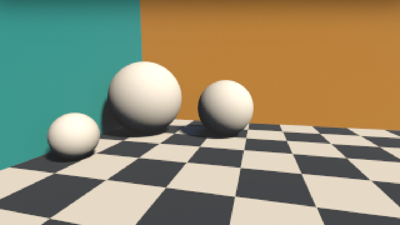 Dieselbe Szene ohne Path Tracing: Die Wände haben dieselben Farben, aber die Kugeln und der Boden sind weiß und grau, ohne einen Hauch davon, und die Schatten sind dunkel.