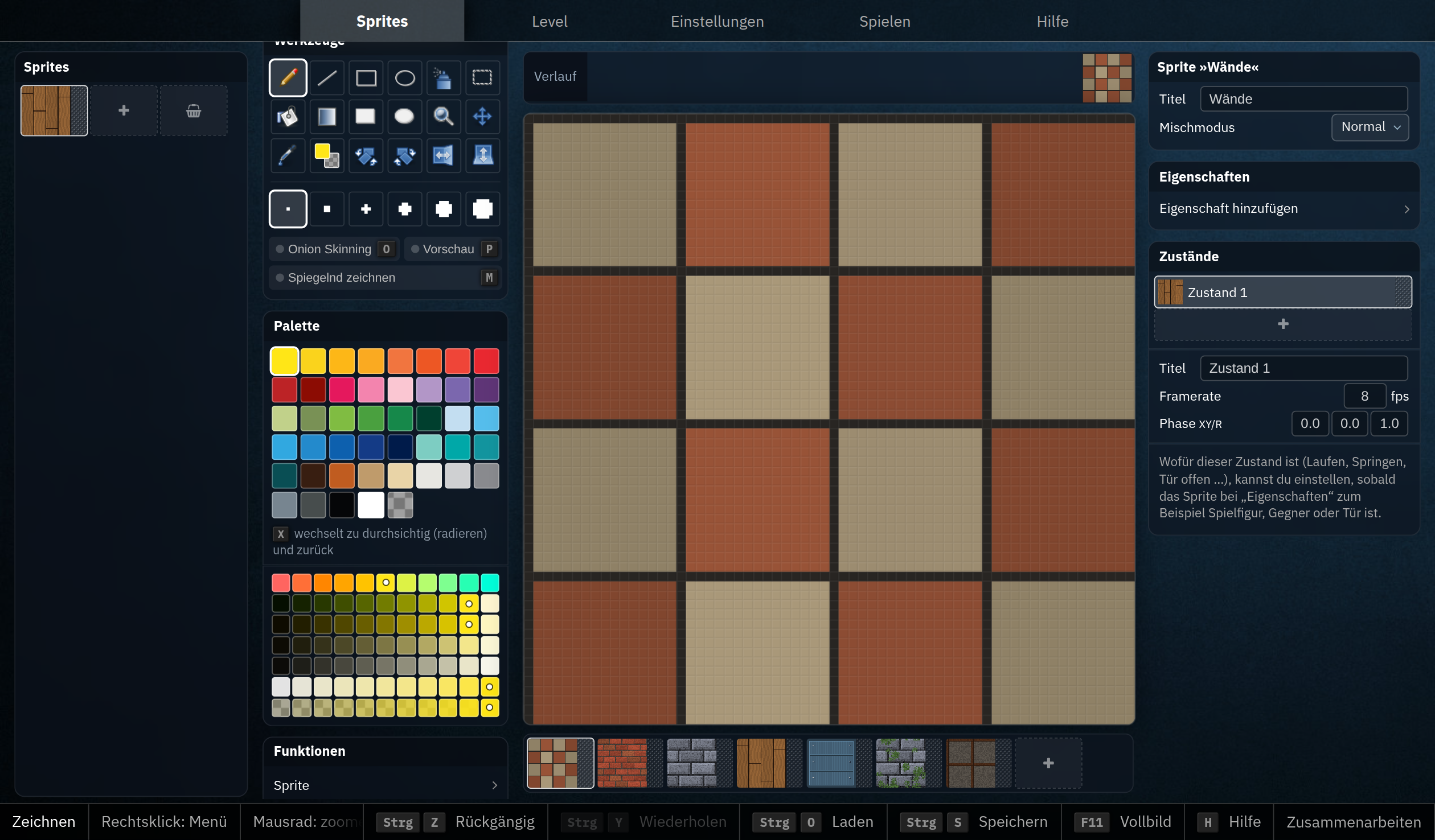 Das 2D Game Studio: ein Sprite »Wände« mit 64 × 64 Pixeln, auf der Zeichenfläche die erste Textur, ein Boden aus hellen und rötlichen Fliesen; darunter die sieben Texturen als Frames: Boden, Ziegel, Stein, Holz, Metall, Moos und Decke.