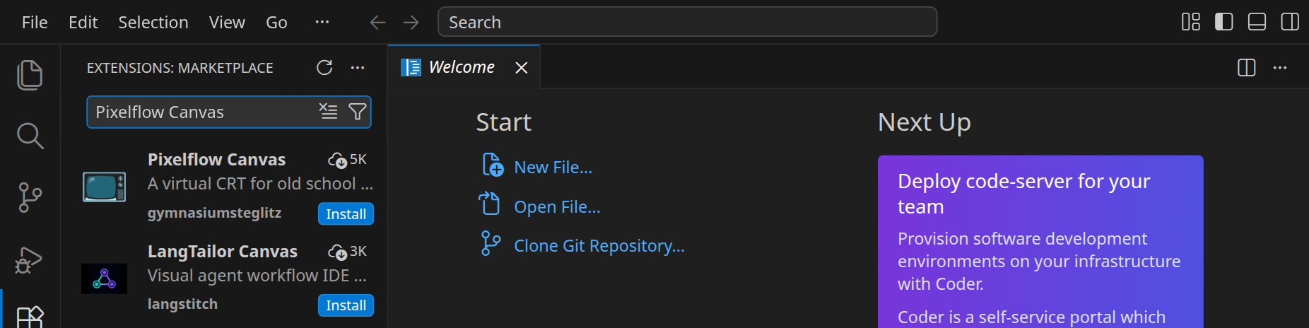 Die Seitenleiste »Extensions« mit dem Suchbegriff »Pixelflow Canvas«; darunter die Erweiterung mit ihrem Herausgeber und dem Knopf »Install«.