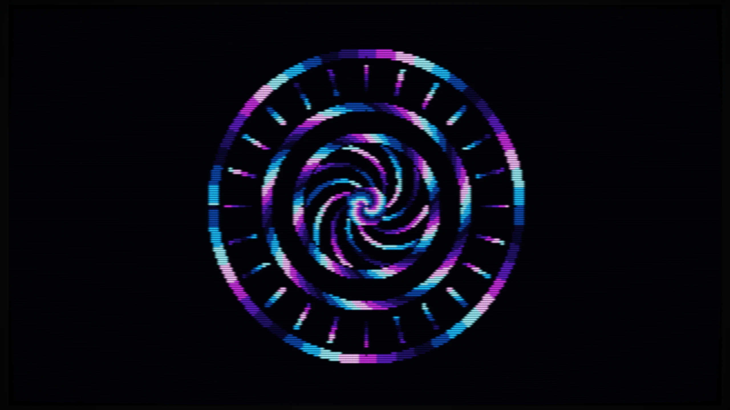 Violette und türkise Spiralringe leuchten auf schwarzem Grund.