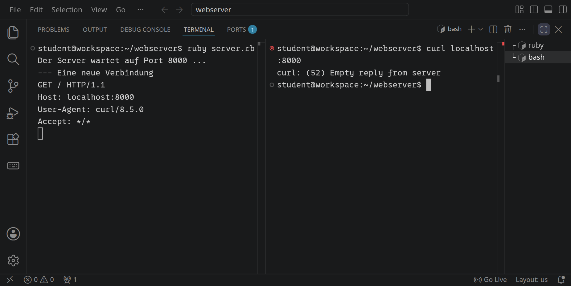 Zwei Terminals nebeneinander: links gibt der Server die Anfrage von curl aus, GET / HTTP/1.1, Host, User-Agent und Accept; rechts meldet curl, dass keine Antwort kam.