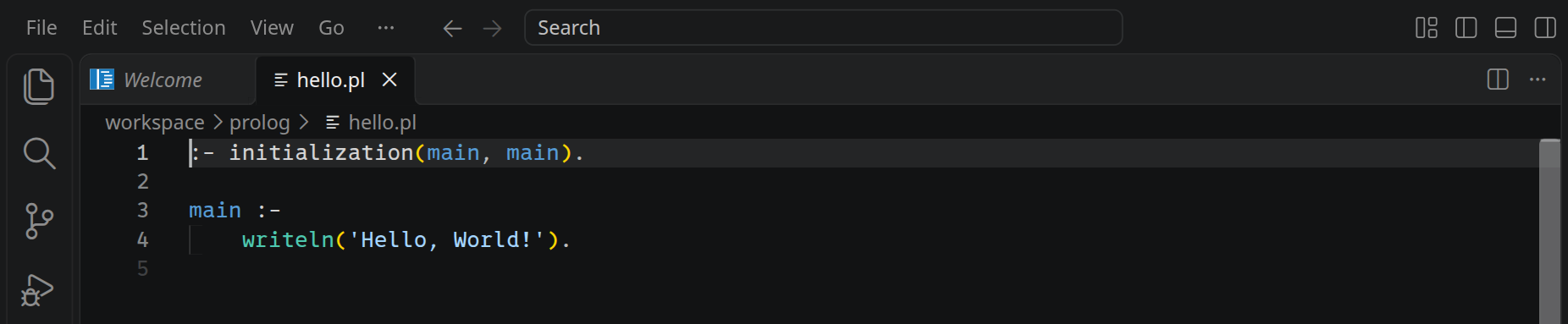 hello.pl im Editor mit farbiger Syntax: die Zeile mit initialization, darunter die Regel main mit writeln.