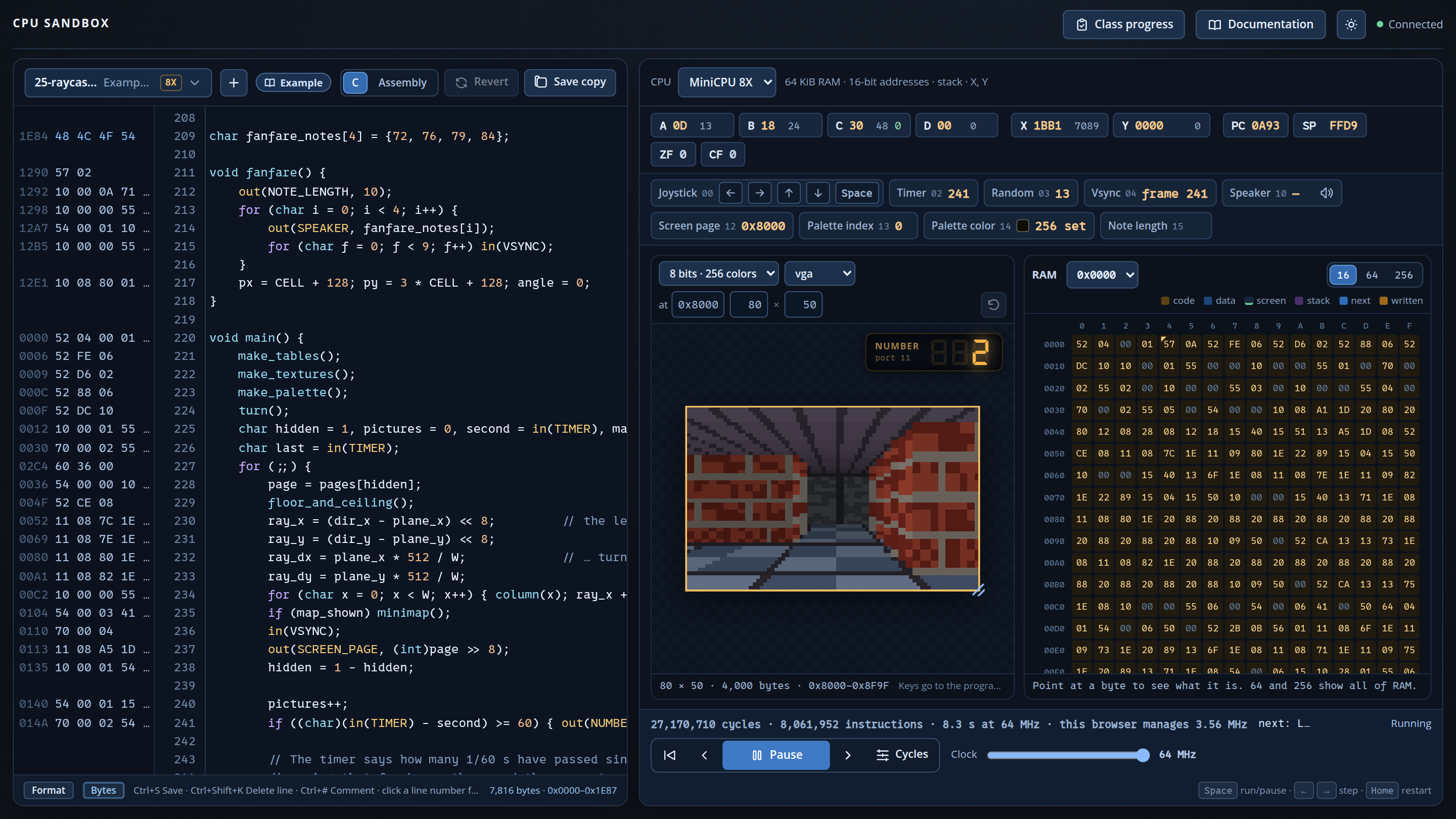 CPU Sandbox mit laufendem 3D-Raycaster, dem C-Quelltext mit Maschinenbytes, Registern, Geräten und RAM.