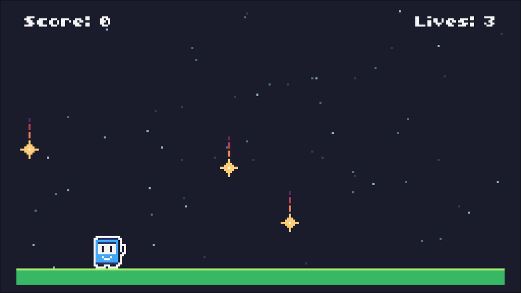 Ein Retro-Spiel: eine kleine Figur auf grünem Boden, von oben fallen Sterne; oben »Score: 0« und »Lives: 3«