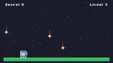 Ein Retro-Spiel: eine kleine Figur auf grünem Boden, von oben fallen Sterne; oben »Score: 0« und »Lives: 3«