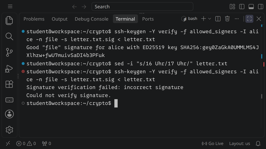 Ein Terminal, in dem ssh-keygen die Signatur eines Briefs erst bestätigt und nach einer Änderung ablehnt