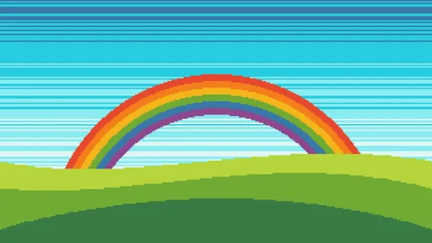 Ein pixeliger Regenbogen über einer grünen Wiese vor einem gestreiften blauen Himmel
